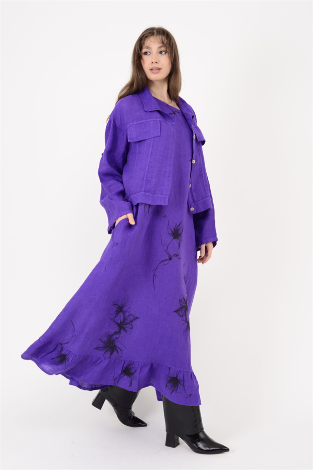 25001 ÇİÇEK DESEN 2Lİ KETEN TAKIM ELBİSE