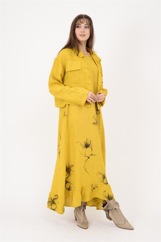 25001 ÇİÇEK DESEN 2Lİ KETEN TAKIM ELBİSE