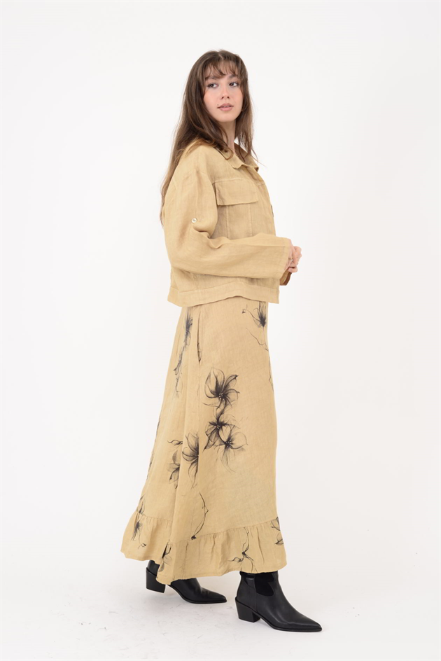 25001 ÇİÇEK DESEN 2Lİ KETEN TAKIM ELBİSE