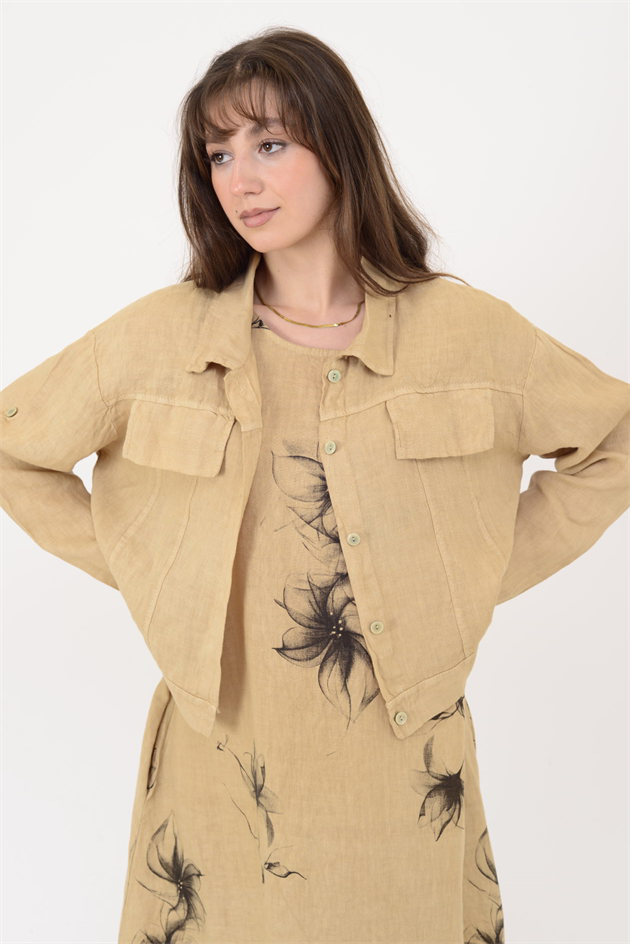 25001 ÇİÇEK DESEN 2Lİ KETEN TAKIM ELBİSE