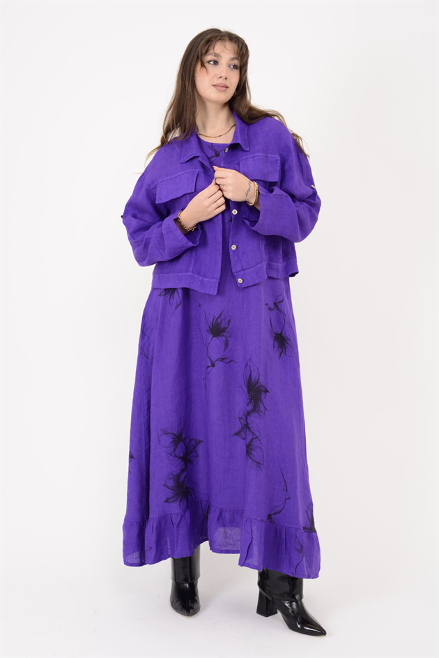 25001 ÇİÇEK DESEN 2Lİ KETEN TAKIM ELBİSE