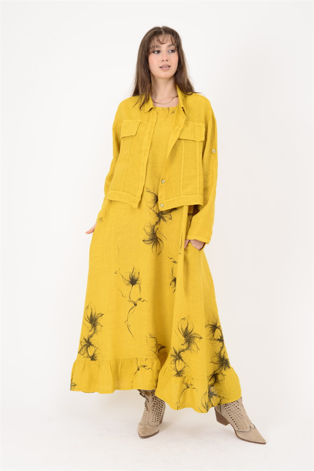 25001 ÇİÇEK DESEN 2Lİ KETEN TAKIM ELBİSE