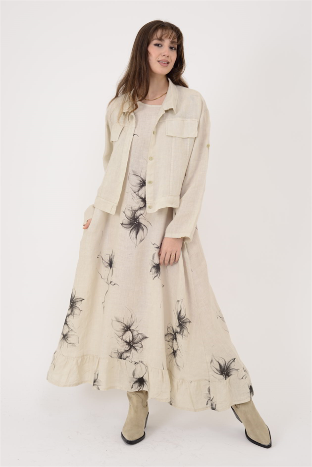 25001 ÇİÇEK DESEN 2Lİ KETEN TAKIM ELBİSE