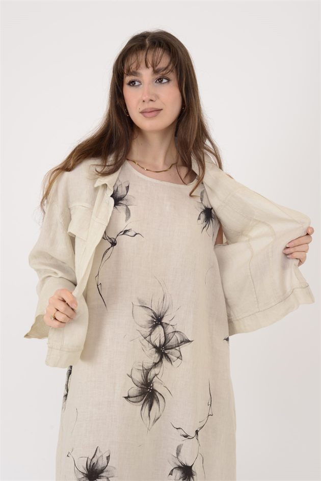 25001 ÇİÇEK DESEN 2Lİ KETEN TAKIM ELBİSE