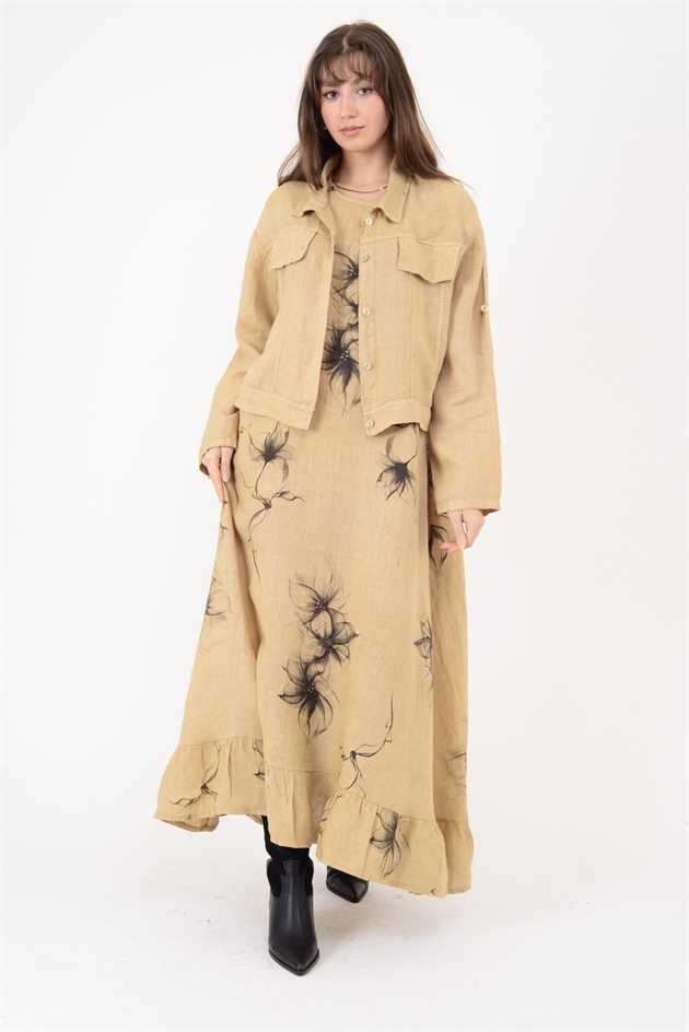 25001 ÇİÇEK DESEN 2Lİ KETEN TAKIM ELBİSE