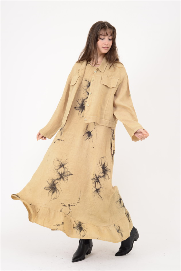 25001 ÇİÇEK DESEN 2Lİ KETEN TAKIM ELBİSE