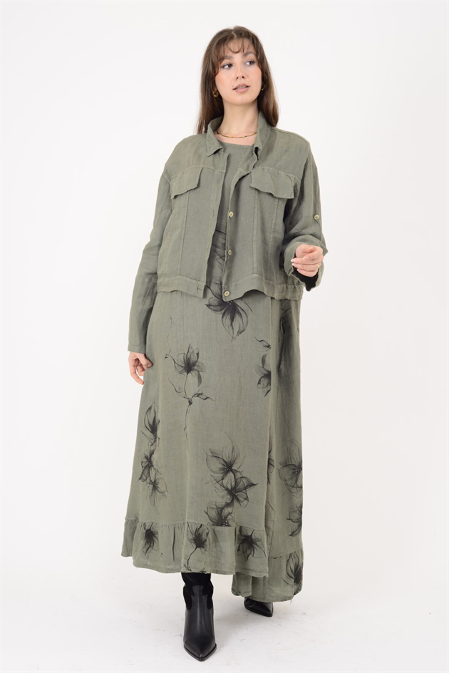 25001 ÇİÇEK DESEN 2Lİ KETEN TAKIM ELBİSE