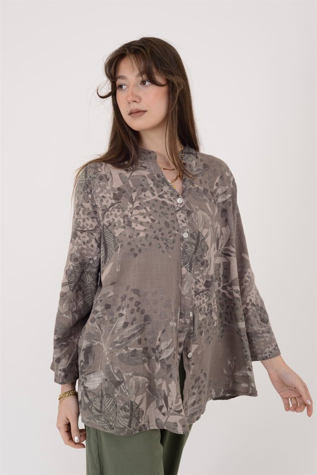 25003 YAPRAK ÇİÇEK DESEN GÖMLEK