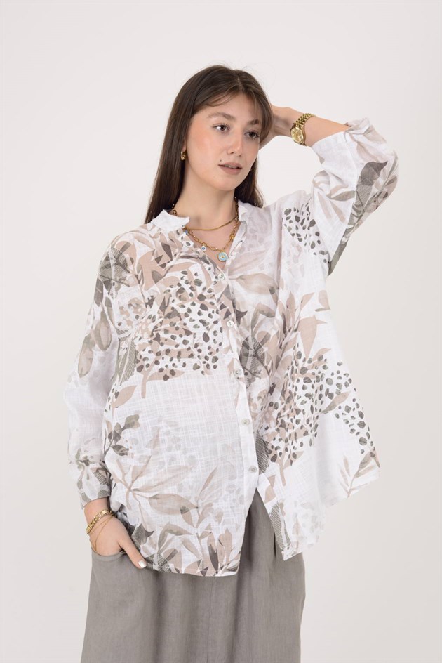 25003 YAPRAK ÇİÇEK DESEN GÖMLEK