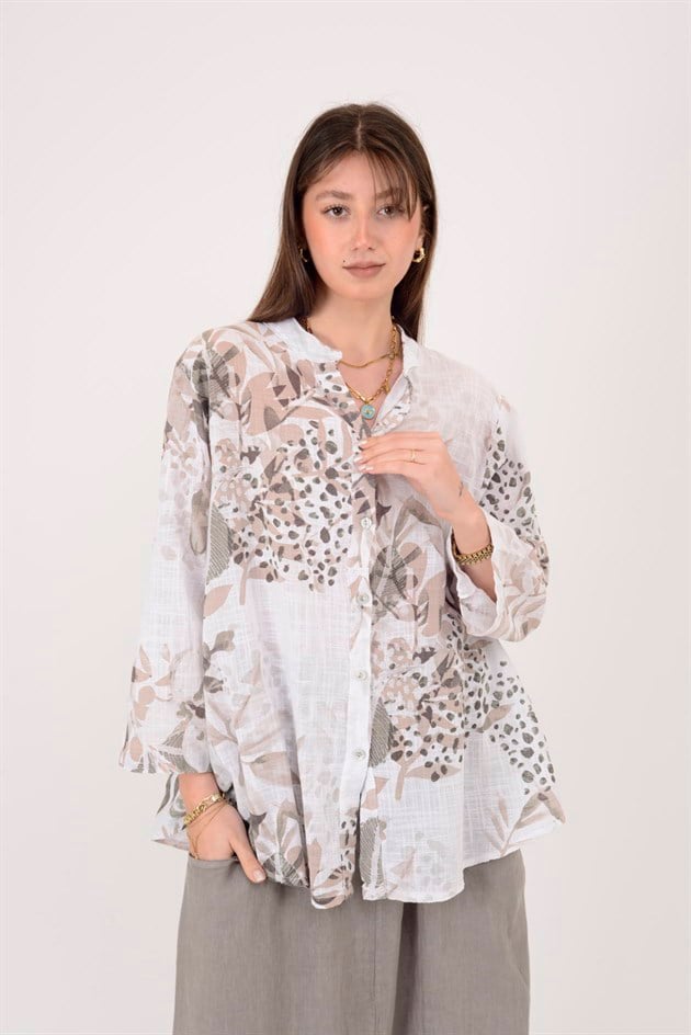 25003 YAPRAK ÇİÇEK DESEN GÖMLEK