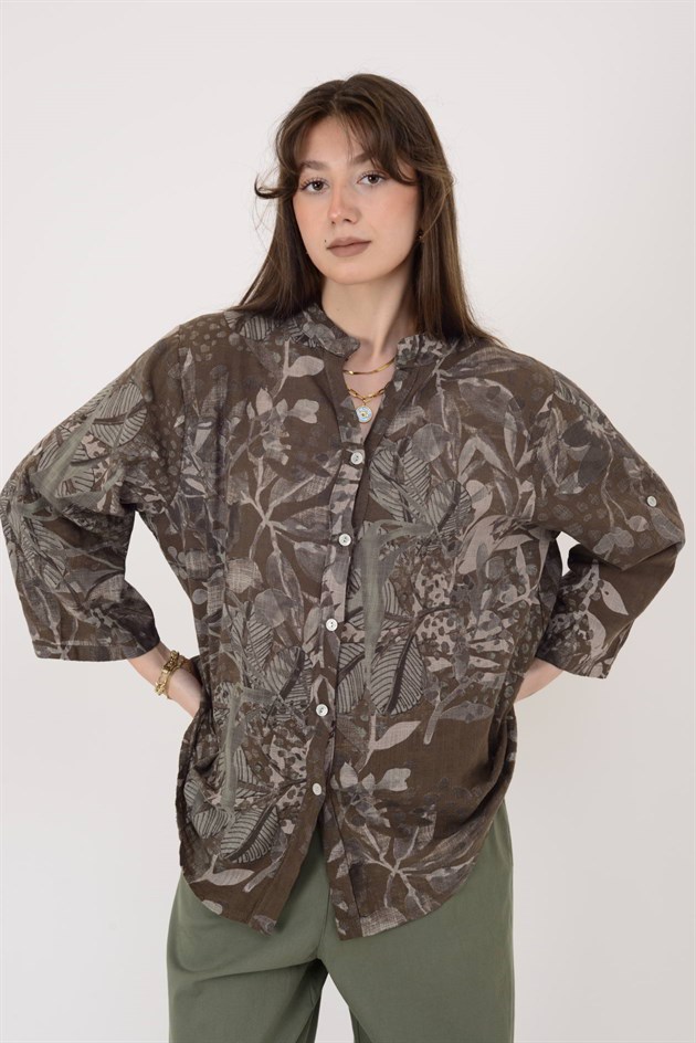 25003 YAPRAK ÇİÇEK DESEN GÖMLEK