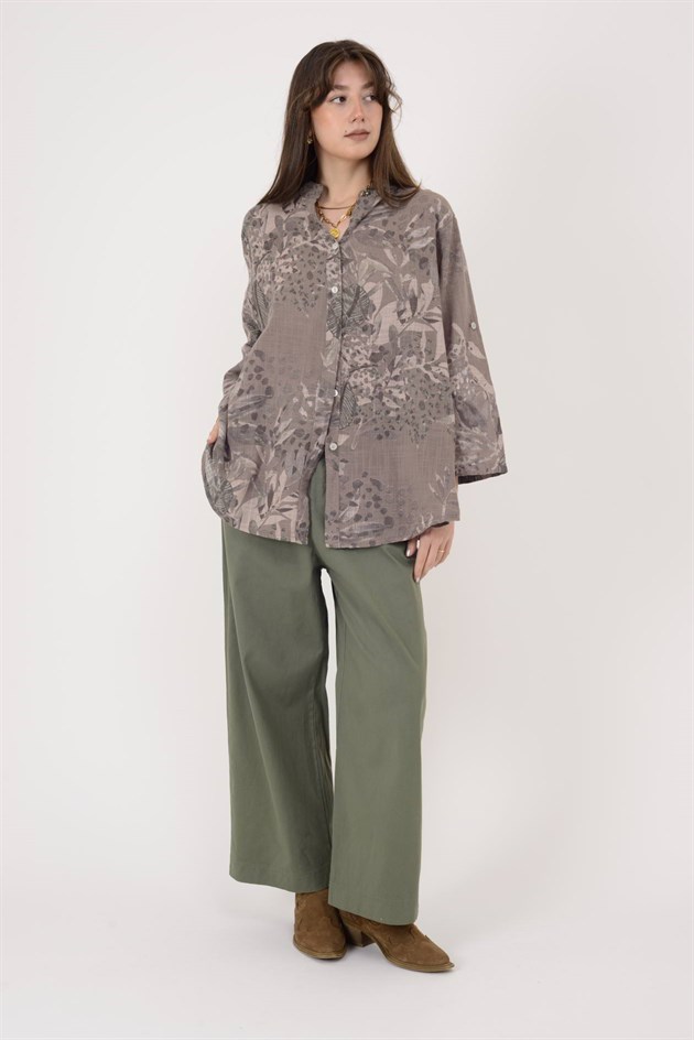 25003 YAPRAK ÇİÇEK DESEN GÖMLEK