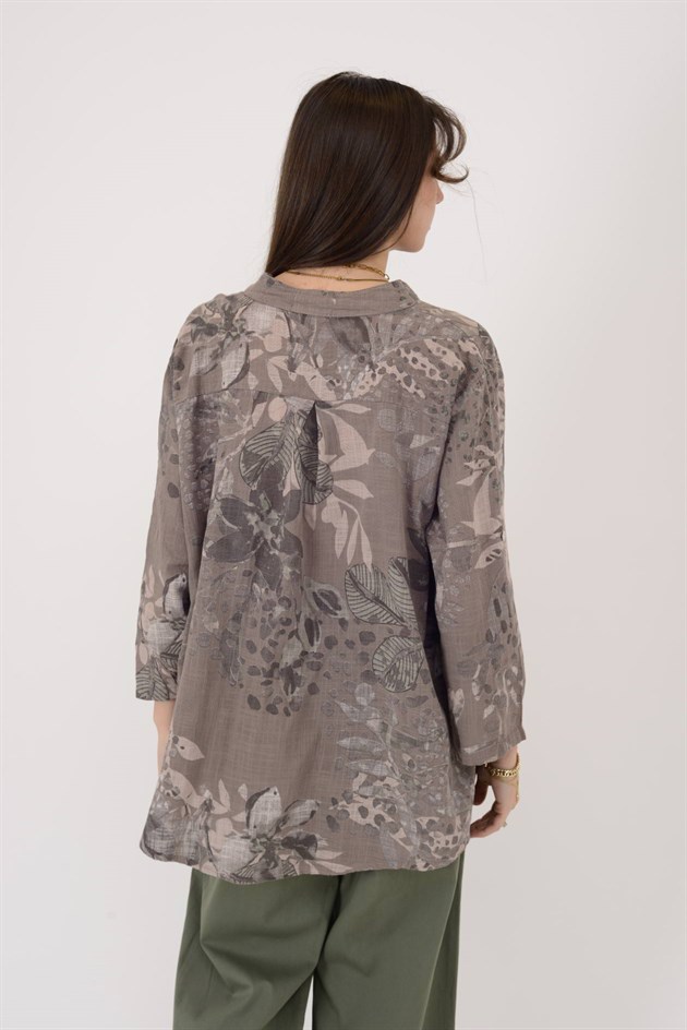 25003 YAPRAK ÇİÇEK DESEN GÖMLEK