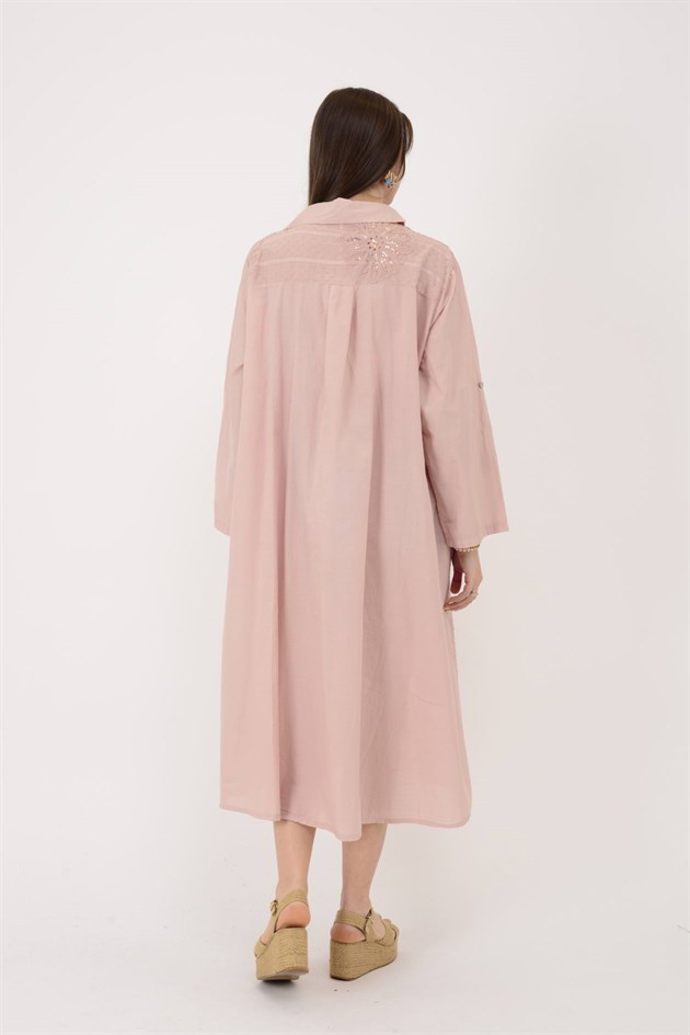 25086 KRİZANTEM ÇİÇEK İŞLEMELİ PAYET DETAYLI GÖMLEK ELBİSE