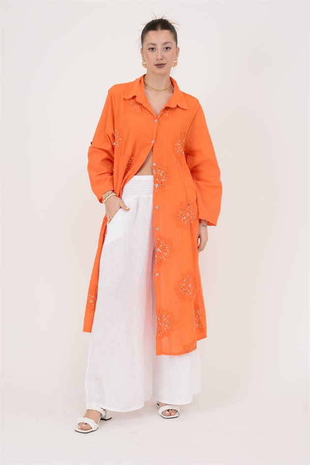 25086 KRİZANTEM ÇİÇEK İŞLEMELİ PAYET DETAYLI GÖMLEK ELBİSE