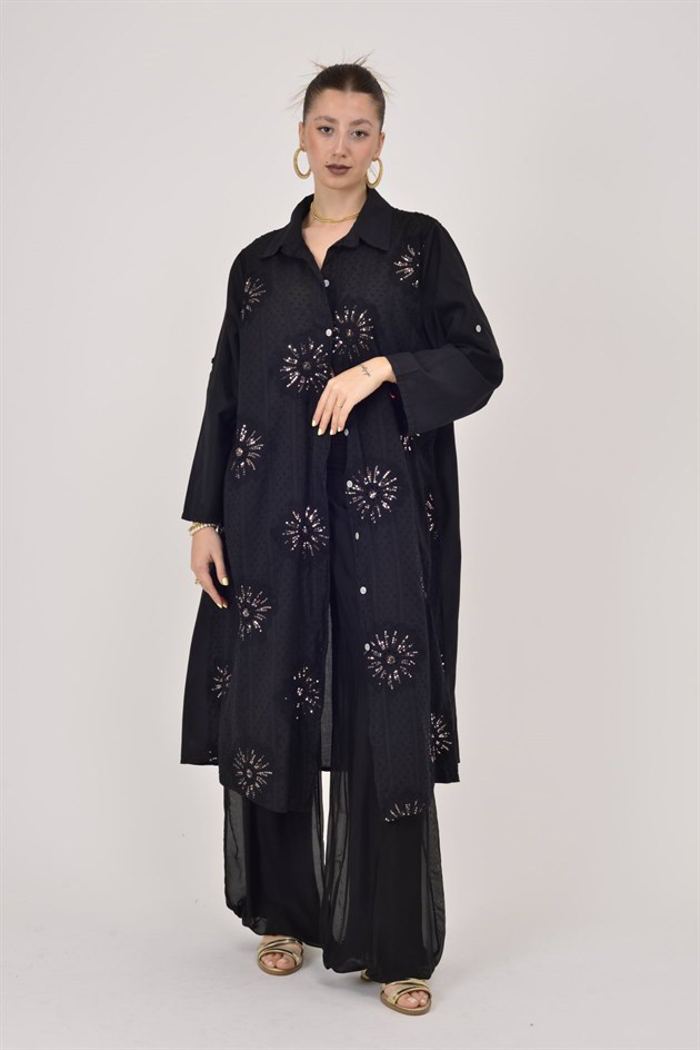 25086 KRİZANTEM ÇİÇEK İŞLEMELİ PAYET DETAYLI GÖMLEK ELBİSE