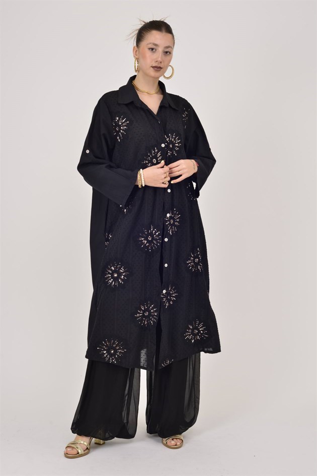 25086 KRİZANTEM ÇİÇEK İŞLEMELİ PAYET DETAYLI GÖMLEK ELBİSE