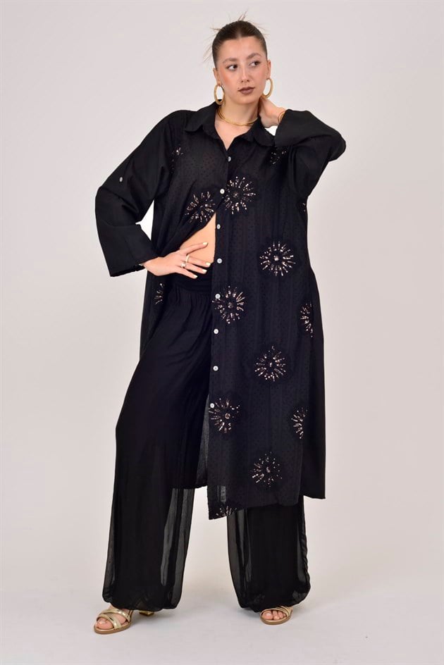 25086 KRİZANTEM ÇİÇEK İŞLEMELİ PAYET DETAYLI GÖMLEK ELBİSE