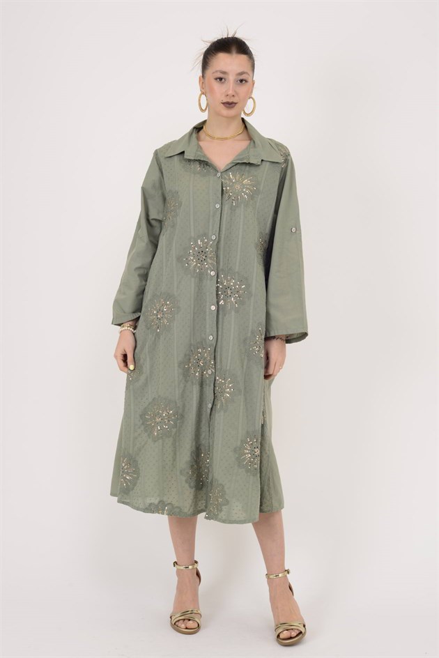 25086 KRİZANTEM ÇİÇEK İŞLEMELİ PAYET DETAYLI GÖMLEK ELBİSE