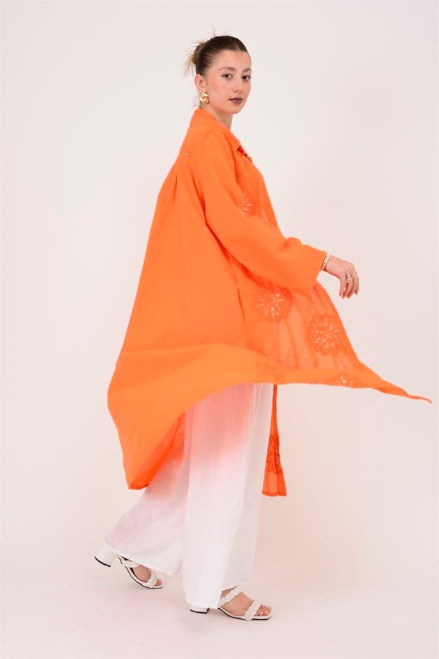 25086 KRİZANTEM ÇİÇEK İŞLEMELİ PAYET DETAYLI GÖMLEK ELBİSE