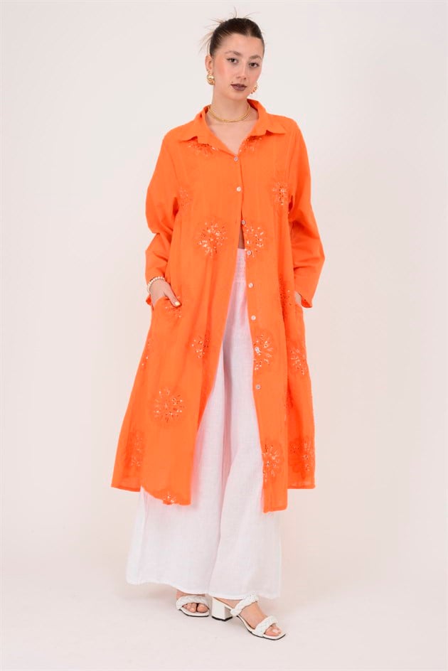 25086 KRİZANTEM ÇİÇEK İŞLEMELİ PAYET DETAYLI GÖMLEK ELBİSE