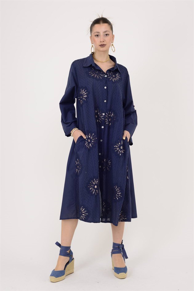 25086 KRİZANTEM ÇİÇEK İŞLEMELİ PAYET DETAYLI GÖMLEK ELBİSE