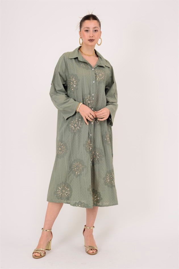 25086 KRİZANTEM ÇİÇEK İŞLEMELİ PAYET DETAYLI GÖMLEK ELBİSE