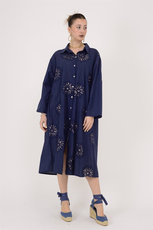 25086 KRİZANTEM ÇİÇEK İŞLEMELİ PAYET DETAYLI GÖMLEK ELBİSE