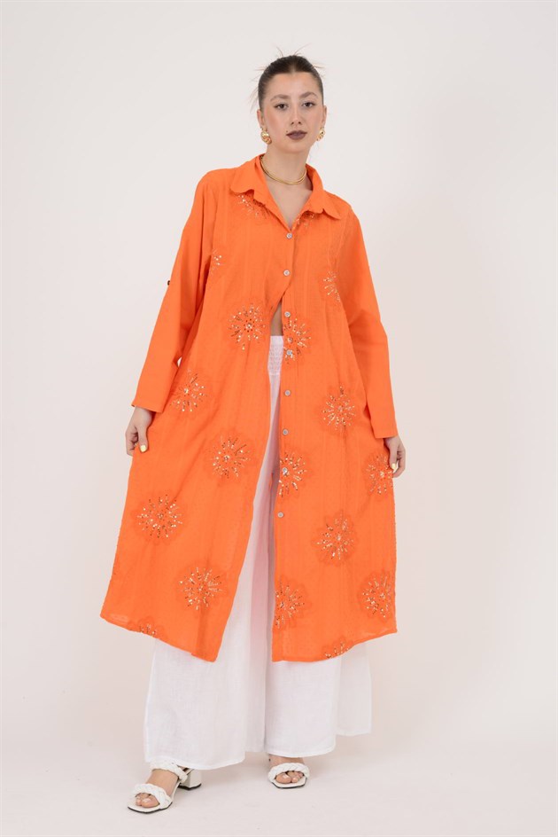 25086 KRİZANTEM ÇİÇEK İŞLEMELİ PAYET DETAYLI GÖMLEK ELBİSE