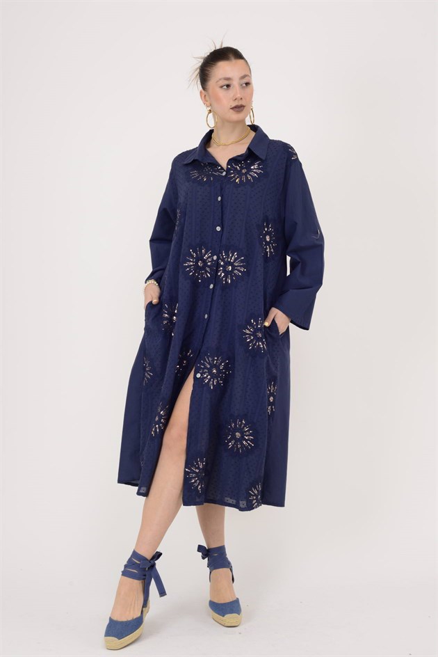 25086 KRİZANTEM ÇİÇEK İŞLEMELİ PAYET DETAYLI GÖMLEK ELBİSE