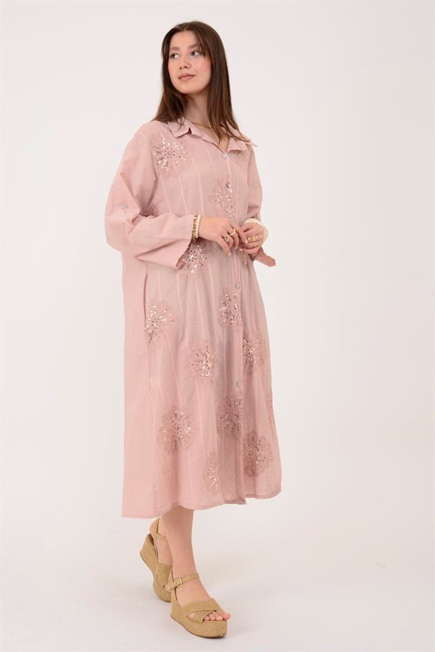 25086 KRİZANTEM ÇİÇEK İŞLEMELİ PAYET DETAYLI GÖMLEK ELBİSE