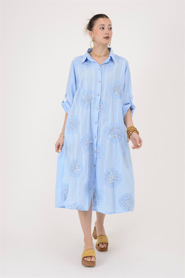 25086 KRİZANTEM ÇİÇEK İŞLEMELİ PAYET DETAYLI GÖMLEK ELBİSE