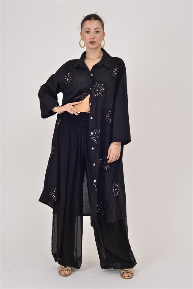 25086 KRİZANTEM ÇİÇEK İŞLEMELİ PAYET DETAYLI GÖMLEK ELBİSE