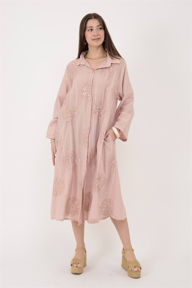 25086 KRİZANTEM ÇİÇEK İŞLEMELİ PAYET DETAYLI GÖMLEK ELBİSE