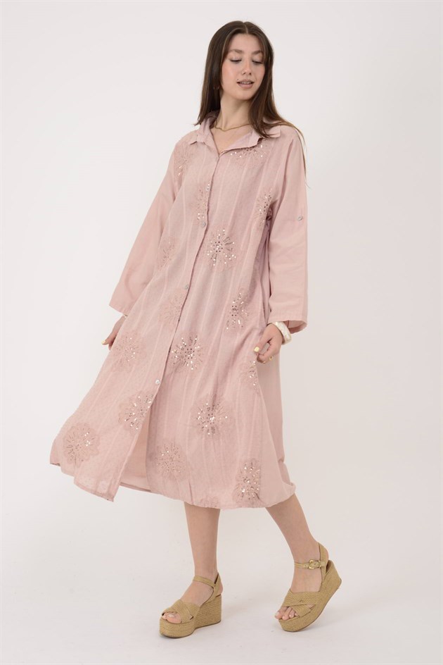 25086 KRİZANTEM ÇİÇEK İŞLEMELİ PAYET DETAYLI GÖMLEK ELBİSE