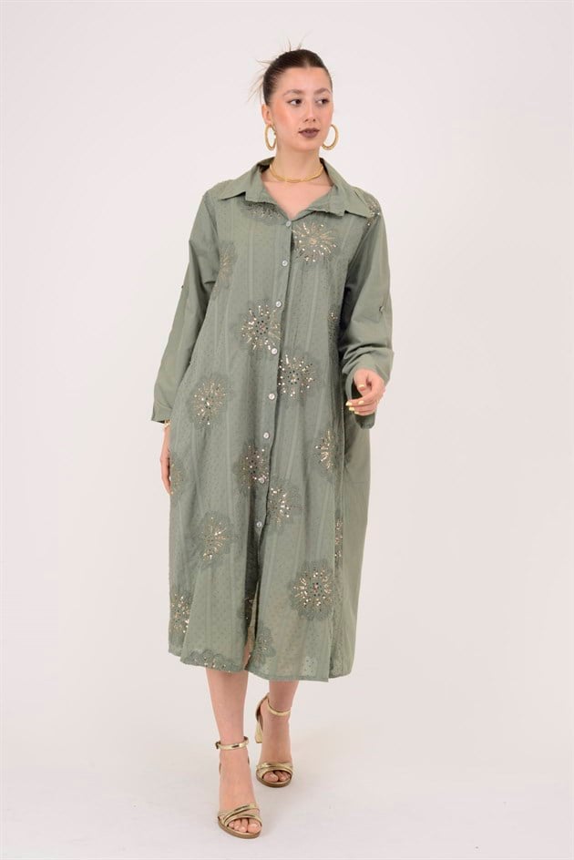 25086 KRİZANTEM ÇİÇEK İŞLEMELİ PAYET DETAYLI GÖMLEK ELBİSE