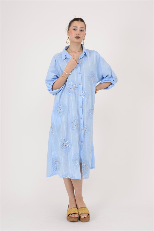 25086 KRİZANTEM ÇİÇEK İŞLEMELİ PAYET DETAYLI GÖMLEK ELBİSE