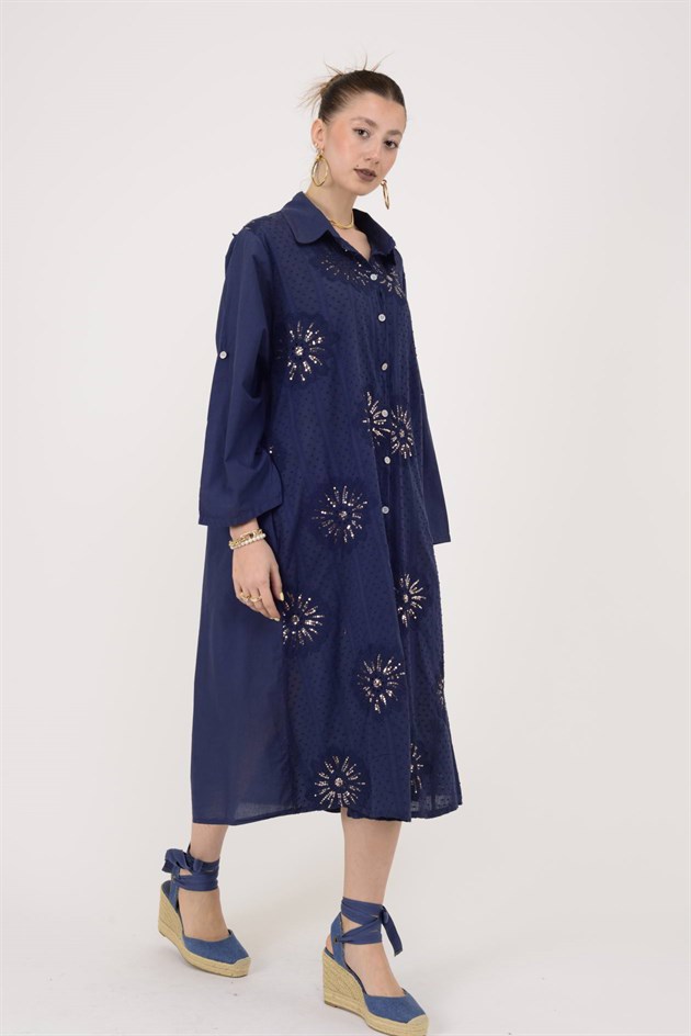 25086 KRİZANTEM ÇİÇEK İŞLEMELİ PAYET DETAYLI GÖMLEK ELBİSE