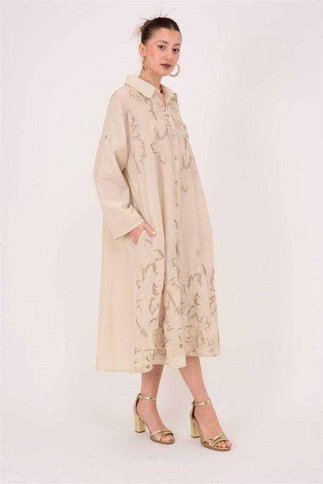 25086 YAPRAK DESEN İŞLEMELİ GÖMLEK ELBİSE