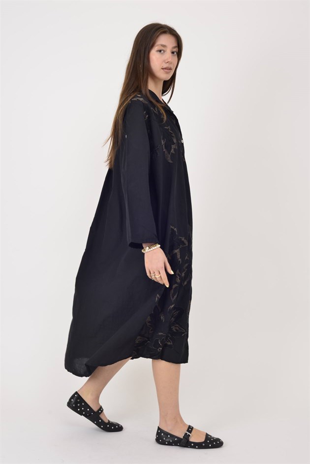 25086 YAPRAK DESEN İŞLEMELİ GÖMLEK ELBİSE