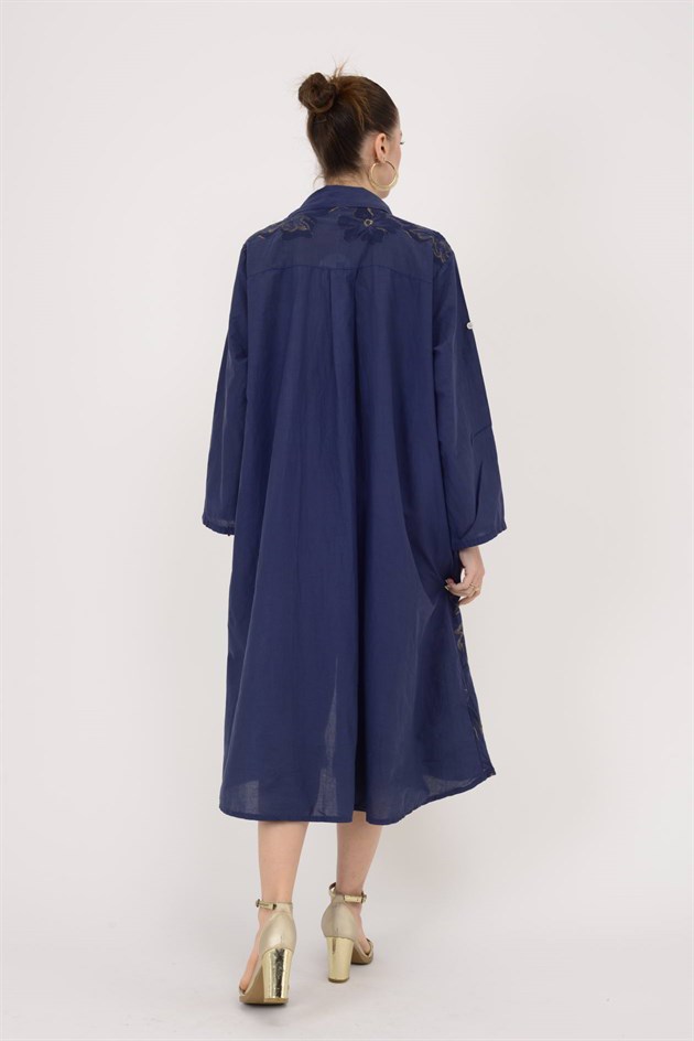 25086 YAPRAK DESEN İŞLEMELİ GÖMLEK ELBİSE