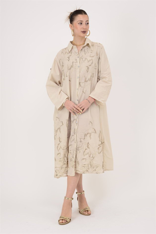 25086 YAPRAK DESEN İŞLEMELİ GÖMLEK ELBİSE