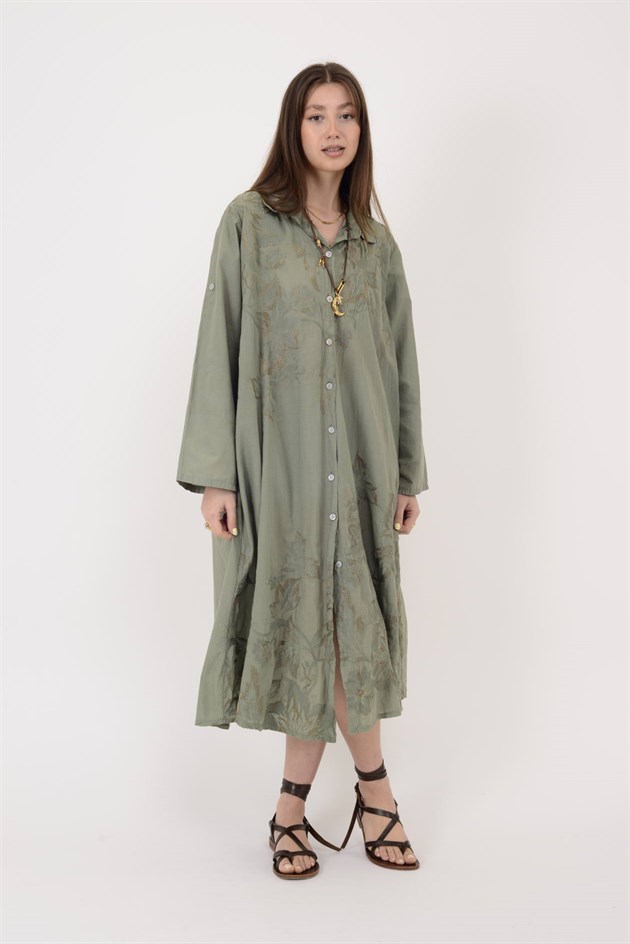 25086 YAPRAK DESEN İŞLEMELİ GÖMLEK ELBİSE