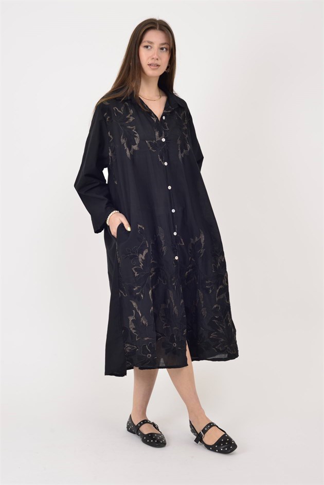 25086 YAPRAK DESEN İŞLEMELİ GÖMLEK ELBİSE