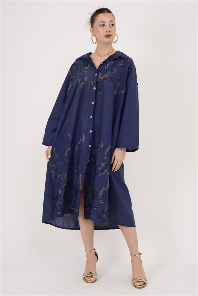 25086 YAPRAK DESEN İŞLEMELİ GÖMLEK ELBİSE