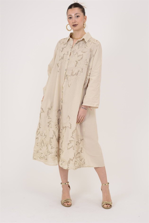 25086 YAPRAK DESEN İŞLEMELİ GÖMLEK ELBİSE