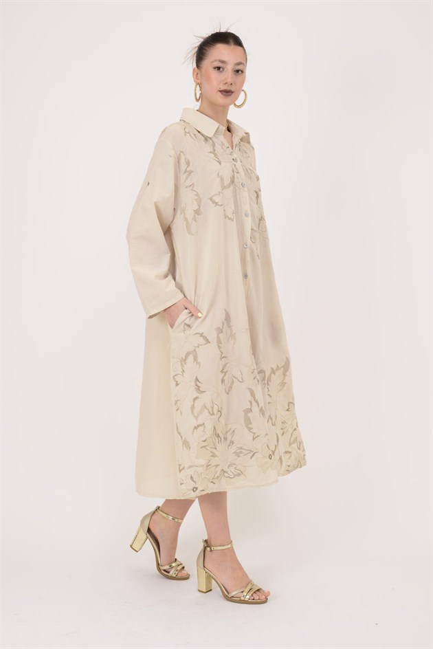 25086 YAPRAK DESEN İŞLEMELİ GÖMLEK ELBİSE