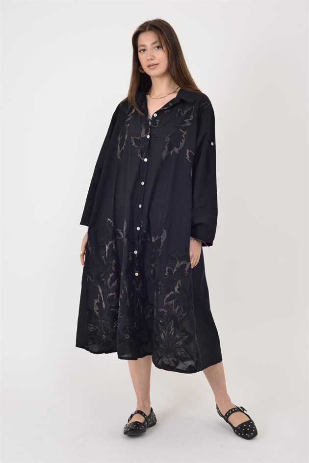 25086 YAPRAK DESEN İŞLEMELİ GÖMLEK ELBİSE