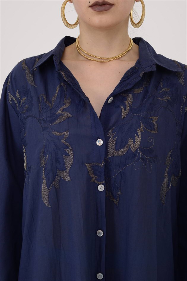 25086 YAPRAK DESEN İŞLEMELİ GÖMLEK ELBİSE