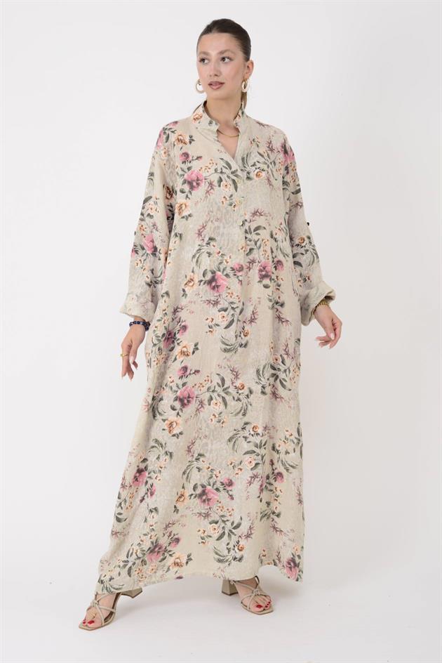 25114 LOVA ÇİÇEK DESEN KETEN ELBİSE